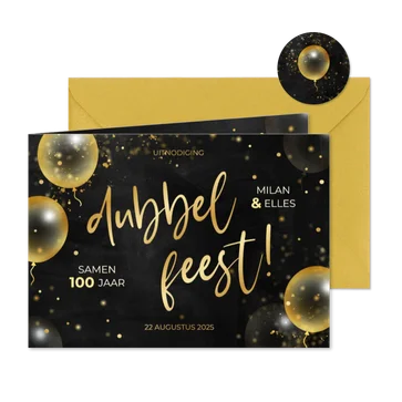 Feestelijke uitnodiging dubbel feest met gouden ballonnen